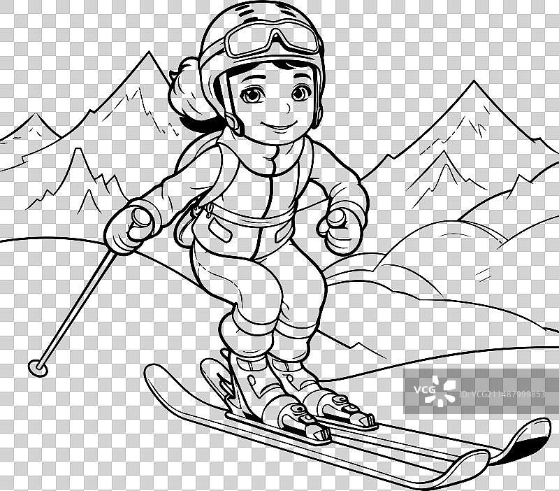 滑雪女孩儿童涂色书图片素材