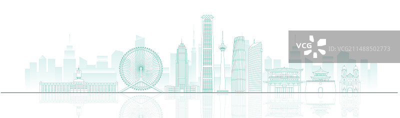 天津城市建筑地标绿色线稿矢量插画海报图片素材