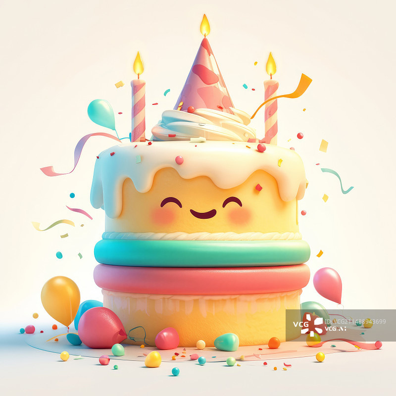 【AI数字艺术】白色背景的生日蛋糕3D卡通图标图片素材