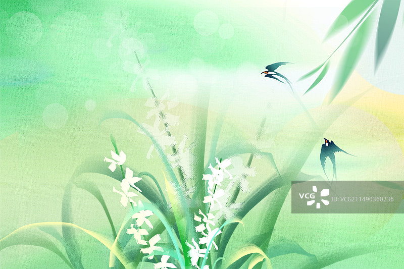 中国风插画-优雅的兰花与燕子 春天植物风景画 横版图片素材