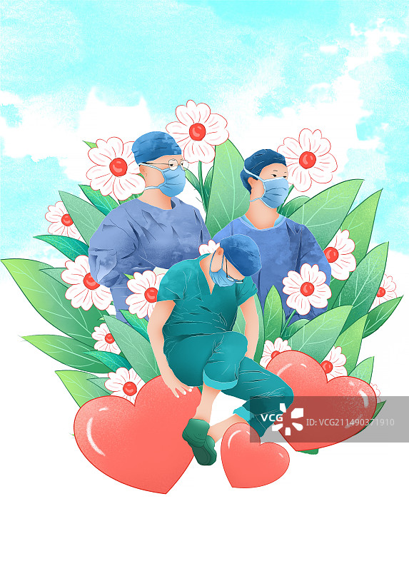 医者仁心 妇女节国际护士节 防疫医生感恩公益宣传插画 花丛里的医生护士们 竖版图片素材
