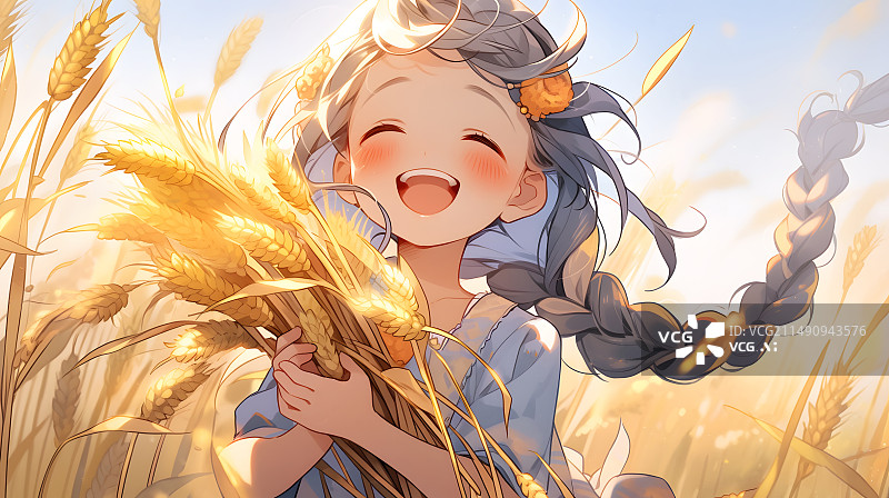 【AI数字艺术】AIGC:唯美金色麦田里，小女孩抱着麦子开心的笑，水彩画，背景插图插画图片素材