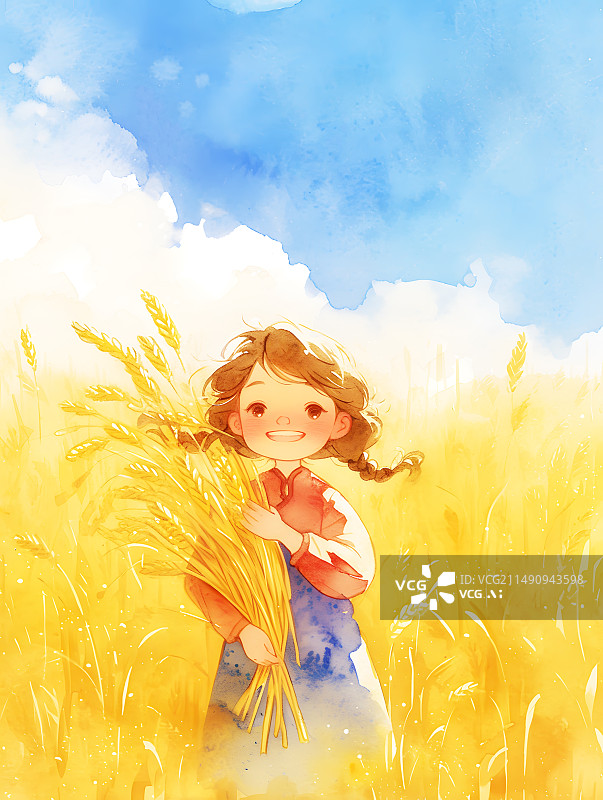【AI数字艺术】AIGC:唯美金色麦田里，小女孩抱着麦子开心的笑，水彩画，背景插图插画图片素材