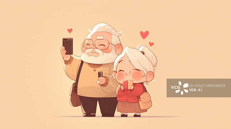 【AI数字艺术】可爱的老年夫妇在使用手机自拍图片素材