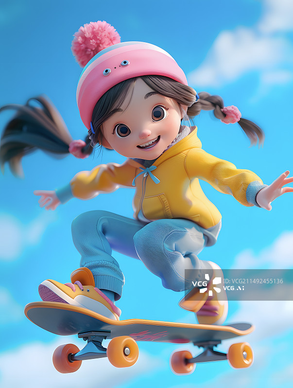 【AI数字艺术】一个用滑板滑雪的女孩图片素材
