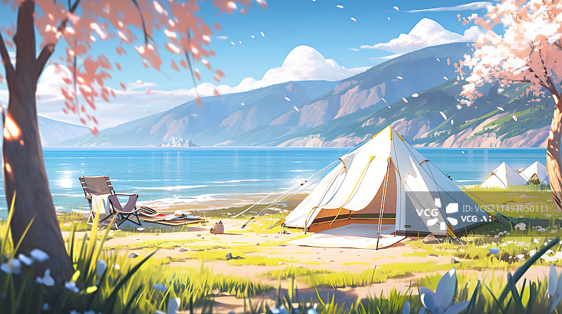 【AI数字艺术】春天湖边露营度假,户外帐篷图片素材