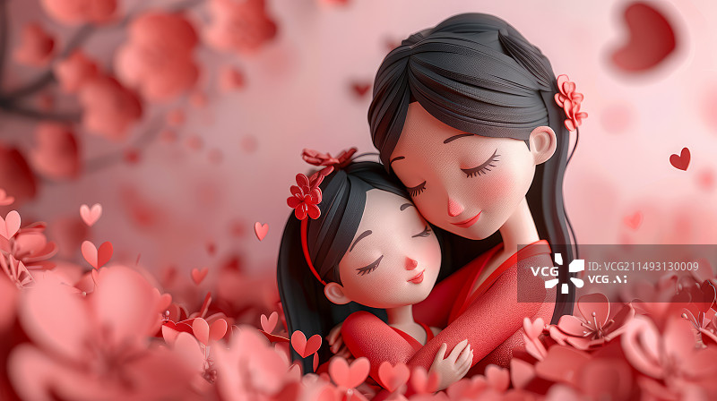 【AI数字艺术】剪纸风格拥抱陪伴孩子的妈妈，母亲节感恩节主题插画图片素材