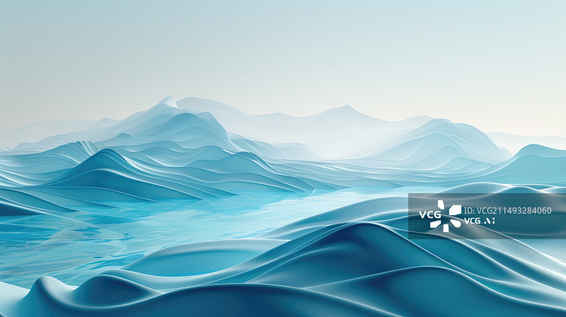 【AI数字艺术】蓝色调3D山水画背景图片素材