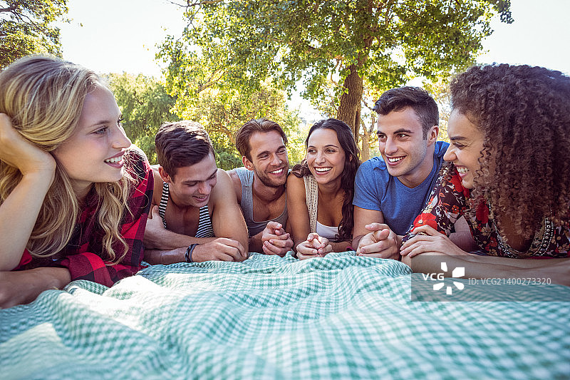 快乐的朋友们在一个阳光明媚的日子里在公园野餐图片素材