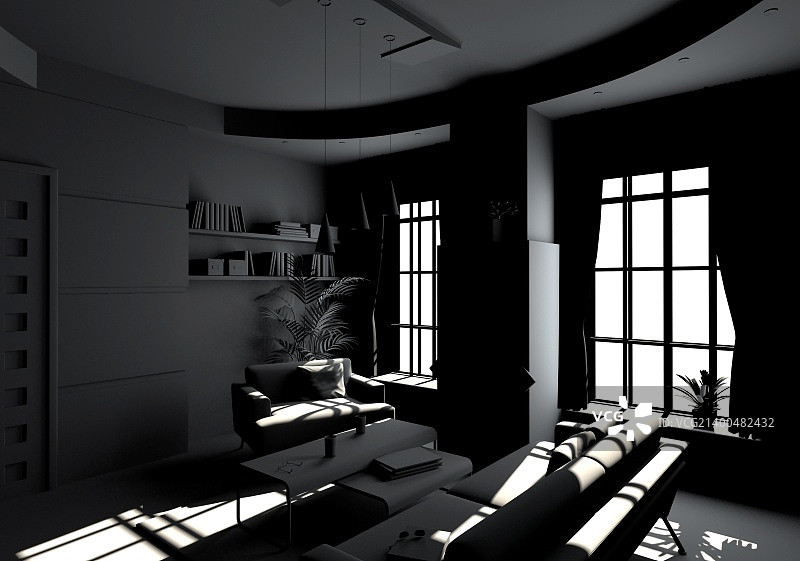 BW风格的现代客厅内饰(3D渲染)图片素材
