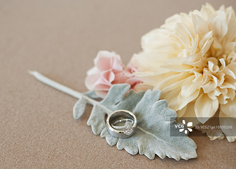 婚礼上的三个装饰品。花和叶的形状。一个戒指。图片素材