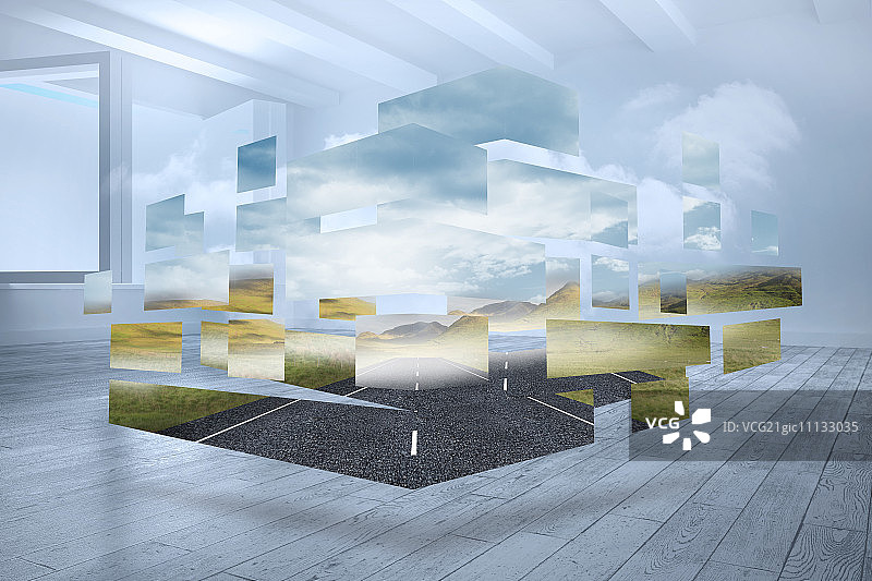 开放的道路上抽象的屏幕，对抗房间与全息云图片素材