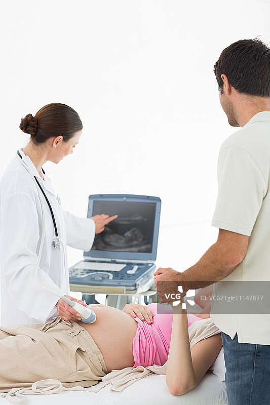 女医生在门诊给孕妇夫妇做超声波检查图片素材