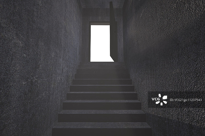 数字生成的灰色楼梯通向打开的门图片素材