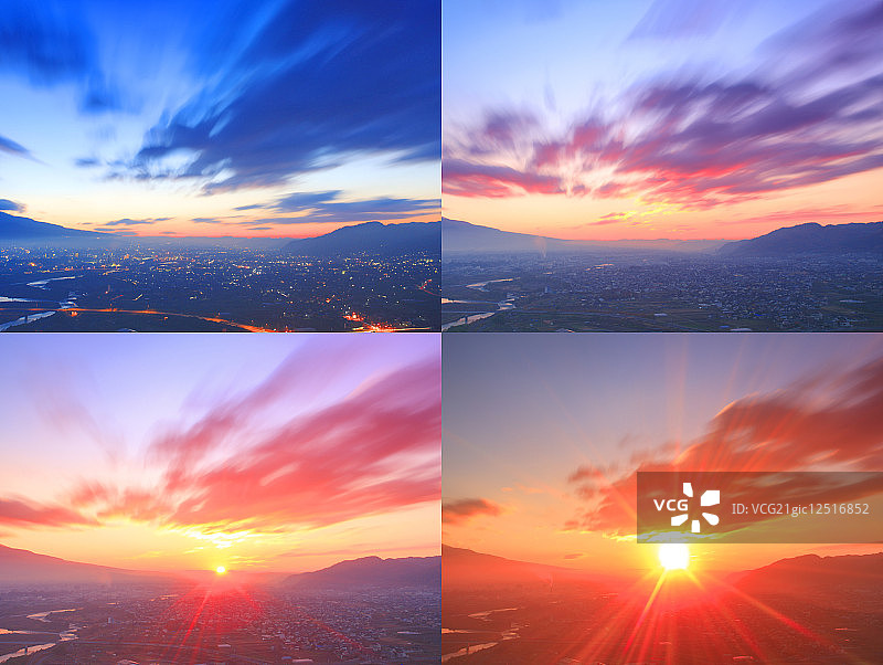 日本长野县上田市的黎明和日出(数字合成)图片素材