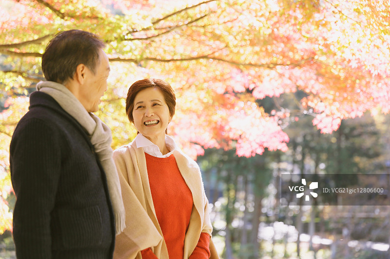 秋天，一对日本老夫妇在传统公园里放松图片素材