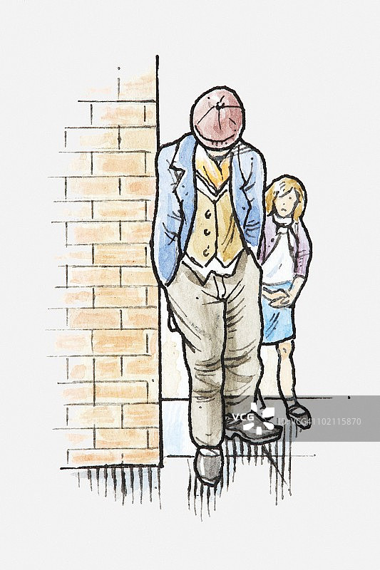 一个戴着平顶帽的男人站在街角向下看，女孩站在他身后，描绘了大萧条时期图片素材