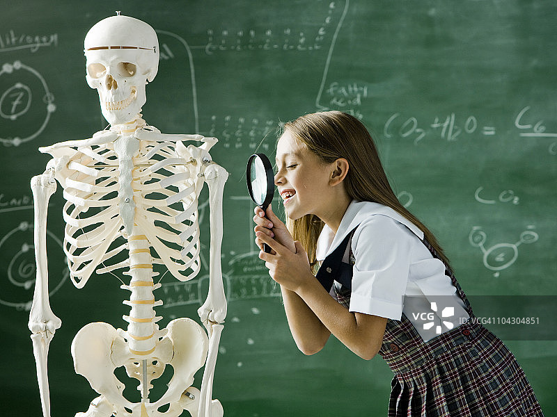 教室里的女孩站在黑板前，用放大镜检查一具人体骨骼图片素材