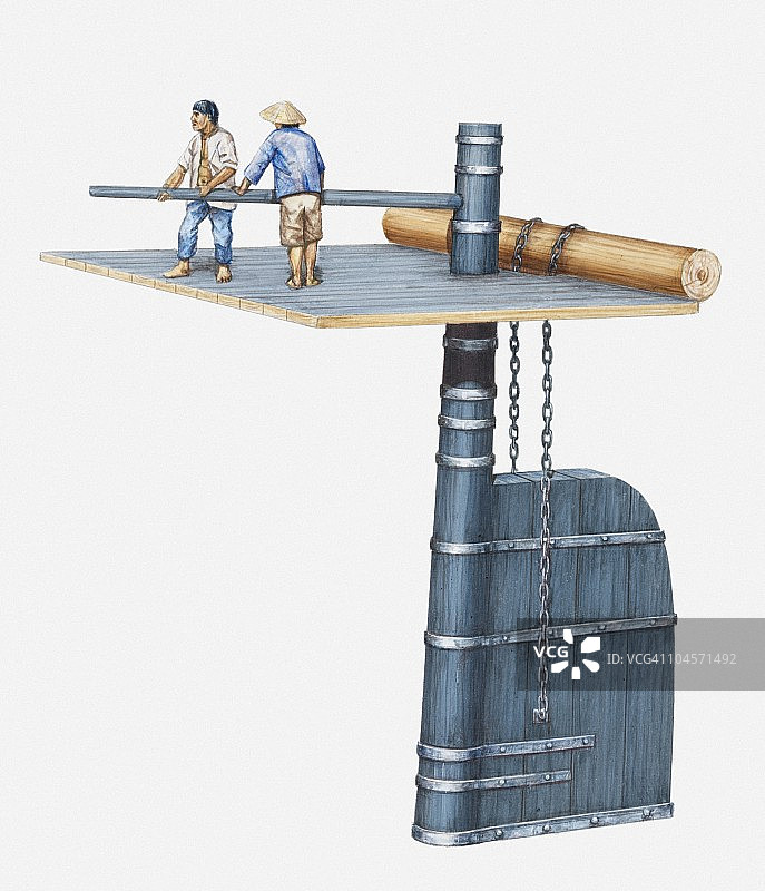 一艘中国舢舨上的两名船员驾驶大舵的插图图片素材