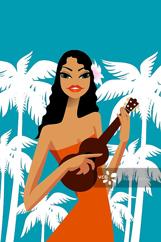 一个年轻女子在海滩上弹奏四弦琴图片素材