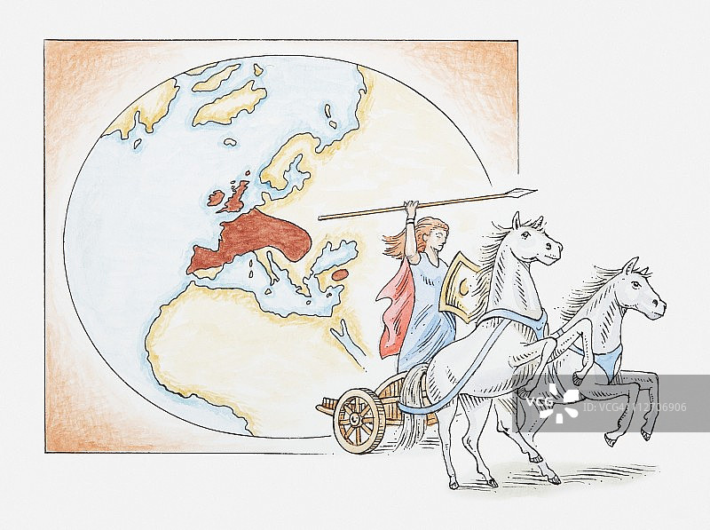 布迪卡女王坐在战车上的插图，在显示整个欧洲的凯尔特领土的地图前面图片素材