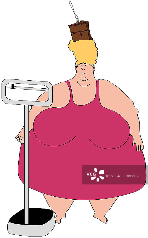 超重妇女站在体重秤附近，头上顶着一块蛋糕，插图图片素材