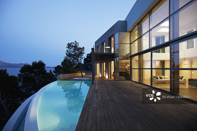 黄昏时分，现代住宅外的游泳池图片素材