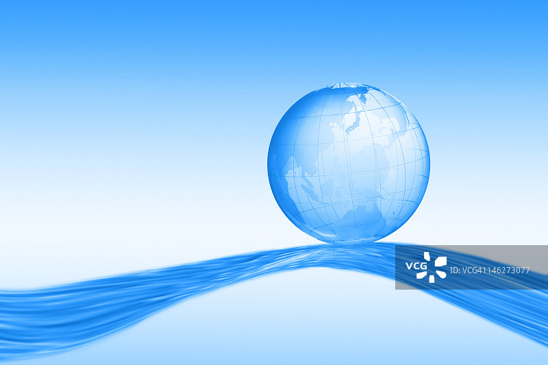 蓝色球体漂浮在彩色背景上的波浪图案上图片素材