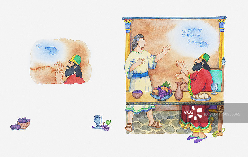 圣经场景的插图，但以理五，在伯沙撒王的宴会上写在墙上图片素材