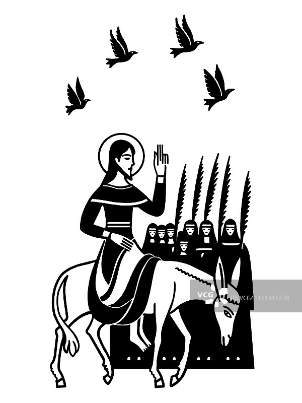 耶稣骑着骡子经过修女图片素材
