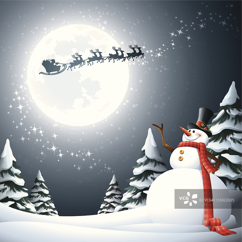 圣诞老人经过的时候，一个雪人抬头望着月亮图片素材