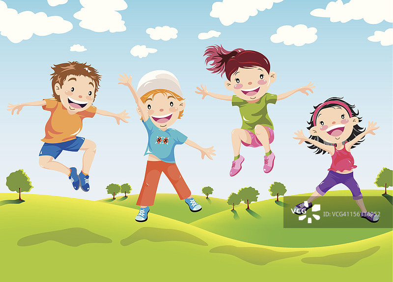 快乐的孩子在农场上跳跃图片素材