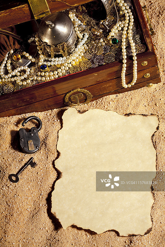 海盗宝藏箱和空白纸埋在沙子里。图片素材