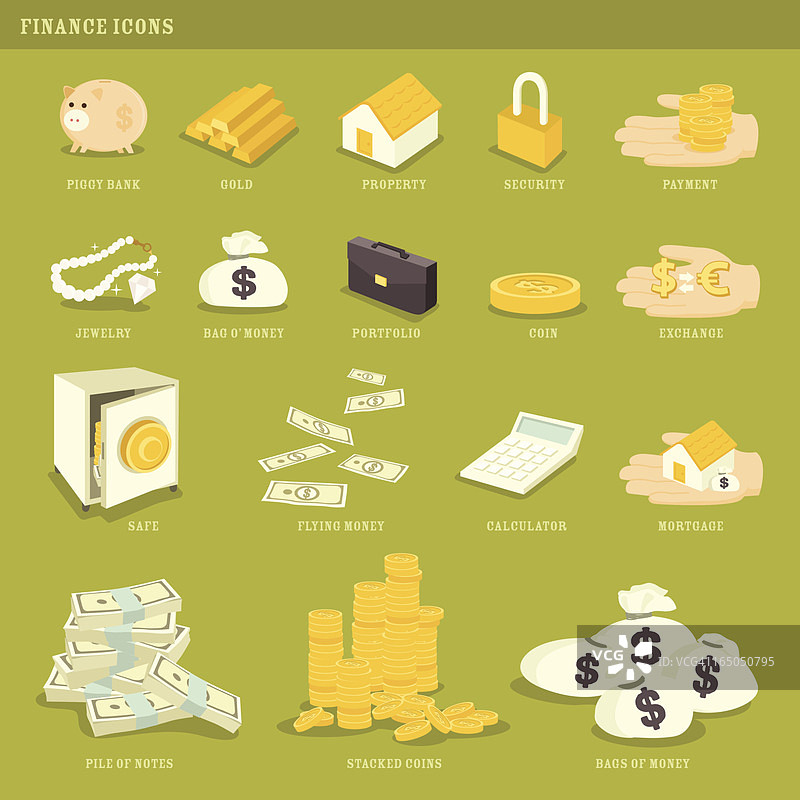 嫉妒的绿色:金钱和金融图标图片素材