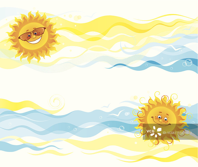 蓝色和黄色的夏日横幅上印着微笑的太阳图像图片素材