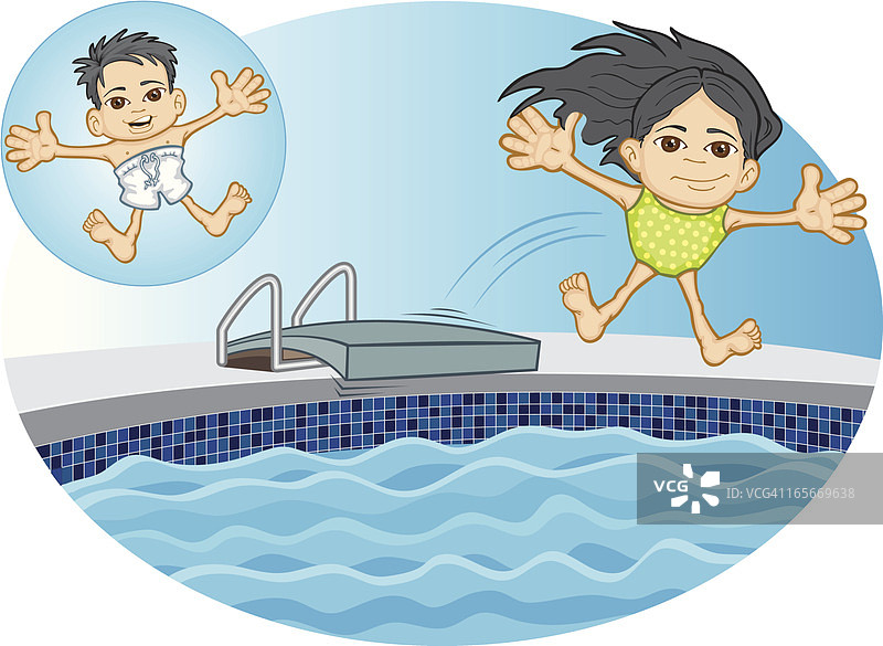 亚洲孩子跳进游泳池图片素材