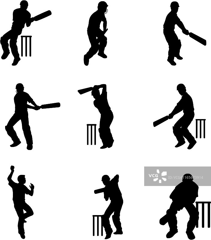 板球击球手在三柱门旁的剪影(卡通风格)图片素材