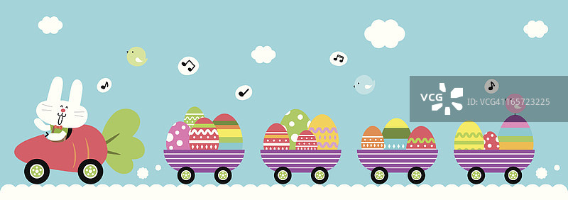 可爱的兔子开着胡萝卜车，背着复活节彩蛋图片素材