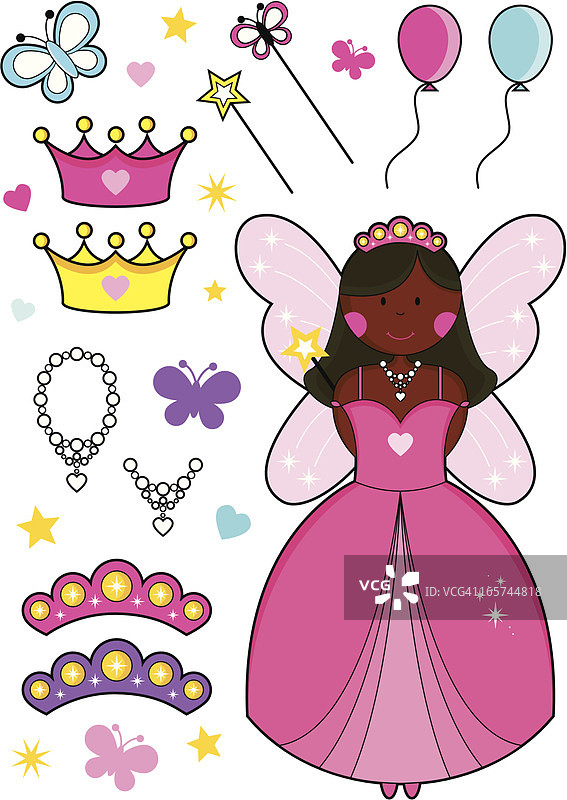 采购产品气球，头冠，王冠，魔杖和项链的非洲仙女公主。图片素材