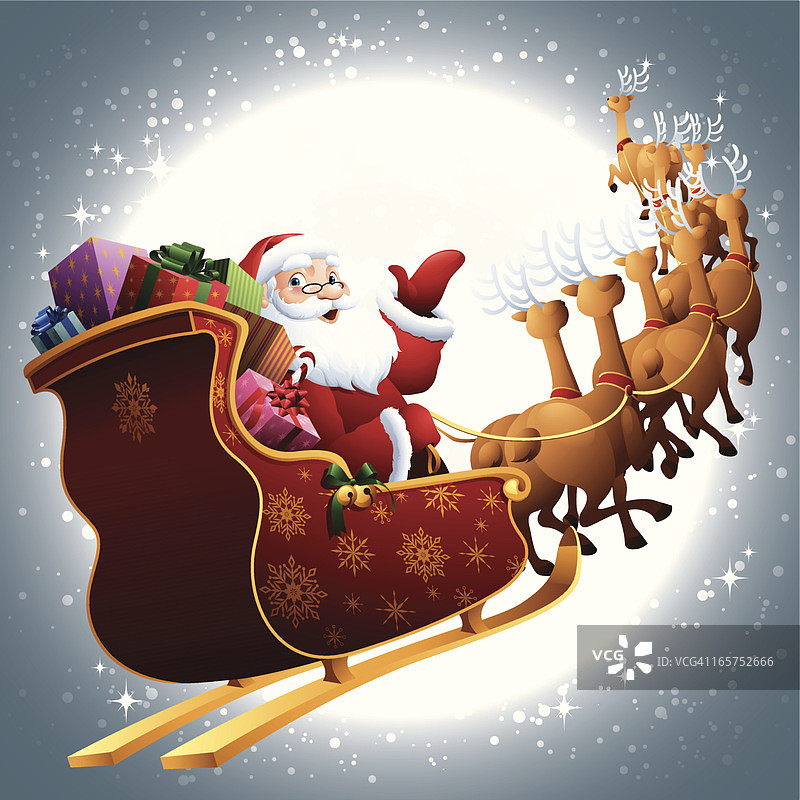 圣诞老人驾着雪橇在满月的天空中飞翔图片素材