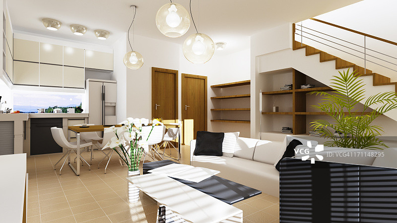 现代家居室内的概念。3D渲染。图片素材