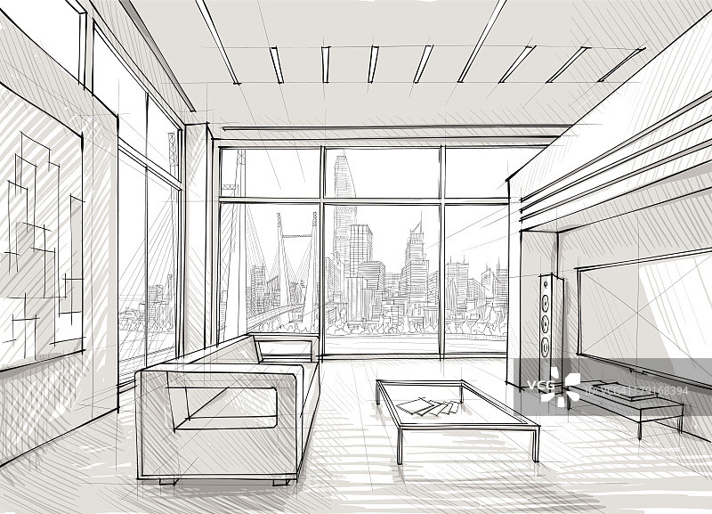 俯瞰城市的宽敞休息室的草图设计图片素材