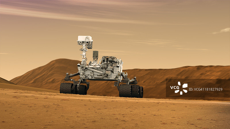 这是美国宇航局火星科学实验室好奇号探测车的艺术家概念。好奇号探测车是一个移动机器人，用于研究火星过去或现在维持微生物生命的能力。图片素材