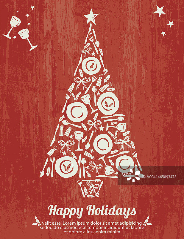 盘子和餐具树设计快乐的节日海报在木纹图片素材
