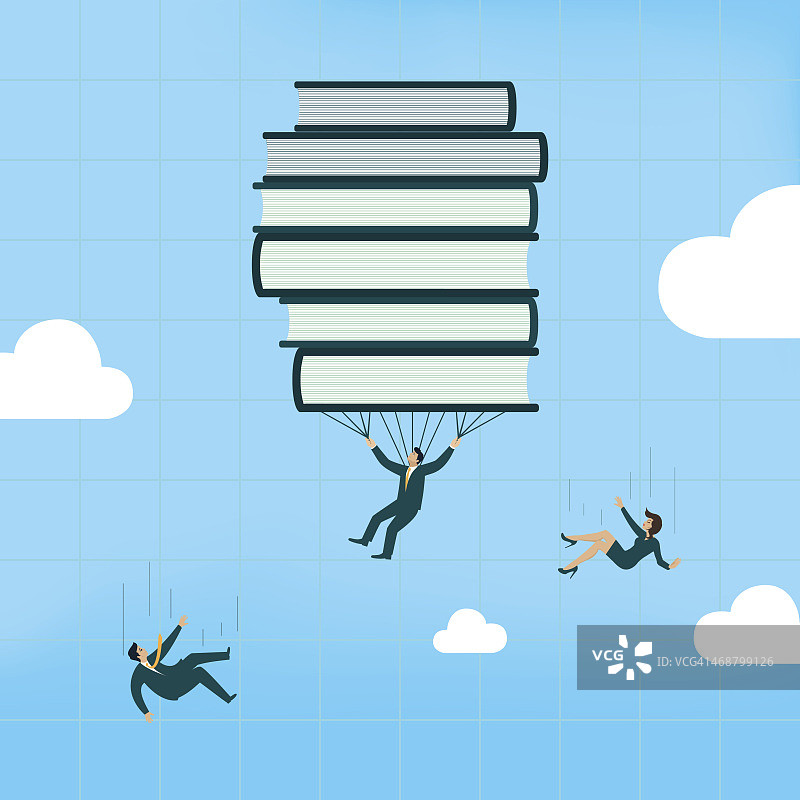 动画显示书籍作为降落伞和人下落图片素材
