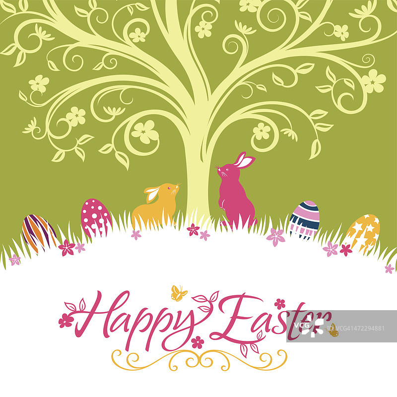 快乐的复活节花与兔子和复活节蛋图片素材