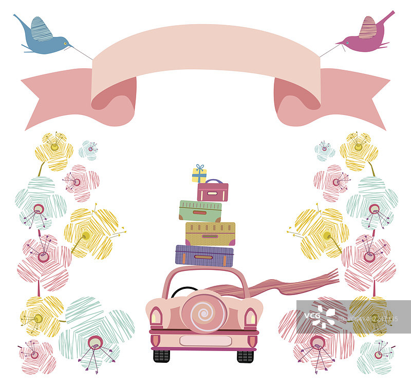 婚礼车与鲜花，横幅和手提箱图片素材