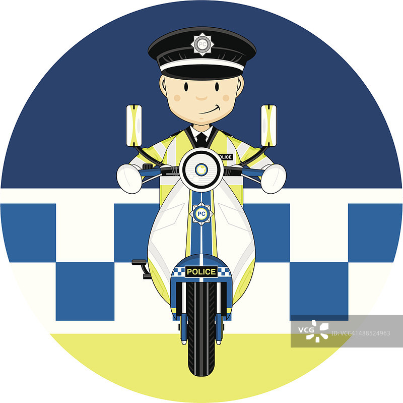 漫画中的英国警察骑在摩托车上。图片素材