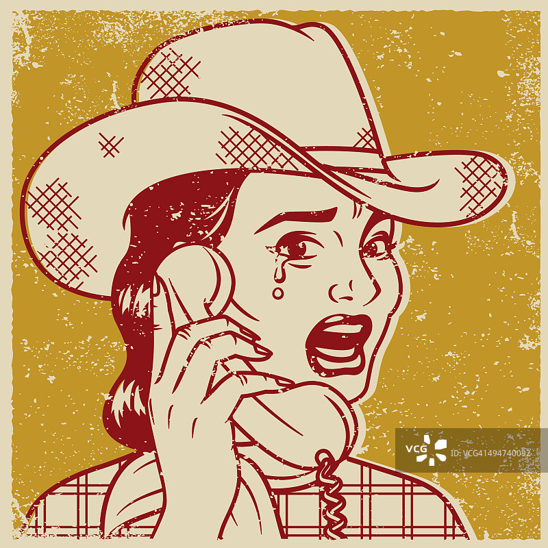 复古复古哭泣的女牛仔在电话线路上的艺术图标图片素材