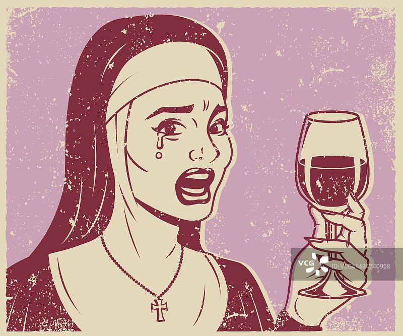 复古哭泣修女喝葡萄酒线艺术图标图片素材